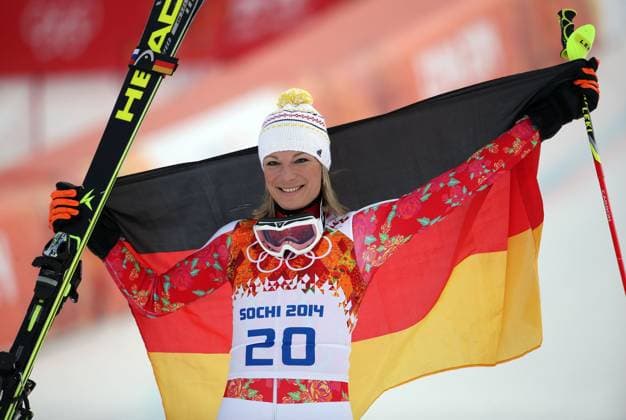 Women s Super Combined Alpine Skiing Germany s Maria Hoefl-Riesch celebrates her gold medal finish in the women s super combined skiing at the Rosa Khutor Alpine Center during the Winter Olympics in Sochi, Russia, Monday, Feb. 10, 2014. (Brian Cassella Chicago Tribune MCT) SOCHI RUS EDITORIAL USE ONLY Copyright: xx 1148920 BrianxCassellax krtphotoslive662336