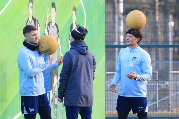DEU, DFL, 2. FBL Hertha BSC, Training, 02.01.2025, Sportforum, Berlin, DEU, DFL, 2. FBL Hertha BSC, Training, im Bild Fabian Reese (Hertha BSC Berlin 11), Linus Gechter (Hertha BSC Berlin 44) DFL - regulations prohibit any use of Photographs as image sequences and or quasi-video Foto: Juergen Engler nordphoto GmbH