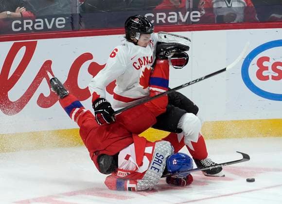 January 2, 2025, Ottawa, On, CANADA: p>Canada defenceman Tanner Molendyk (6) collides with Czechia forward Eduard Sale during third period IIHF World Junior Hockey Championship quarterfinal action in Ottawa, Thursday, Jan. 2, 2025. Eduard Sale  - ZUMAc35_ 20250102_zaf_c35_070 Copyright: xAdrianxWyldx