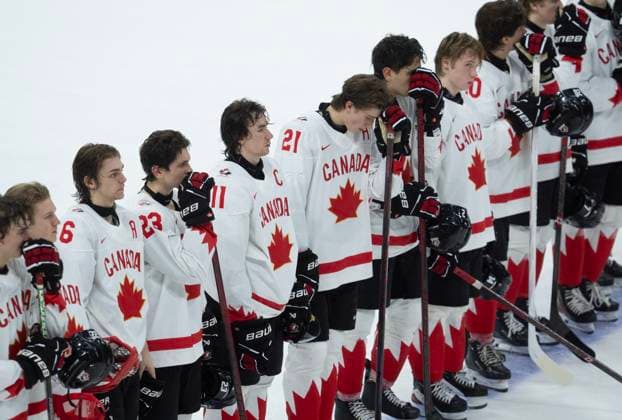 January 2, 2025, Ottawa, On, Canada: Canada captain Brayden Yager (11) stands on the blueline with teammates after losing 4-3 to Czechia in the IIHF World Junior Hockey Championship quarterfinal, in Ottawa, Thursday, Jan. 2, 2025. Canada News - January 2, 2025  - ZUMAc35_ 20250102_zaf_c35_076 Copyright: xAdrianxWyldx