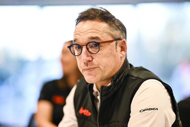 Lotto Dstny CEO Stephane Heulot speaks with the press at the Lotto Cycling Team media day, in Temse, Friday 03 January 2025. TOM GOYVAERTS TomxGoyvaerts  x109553730x