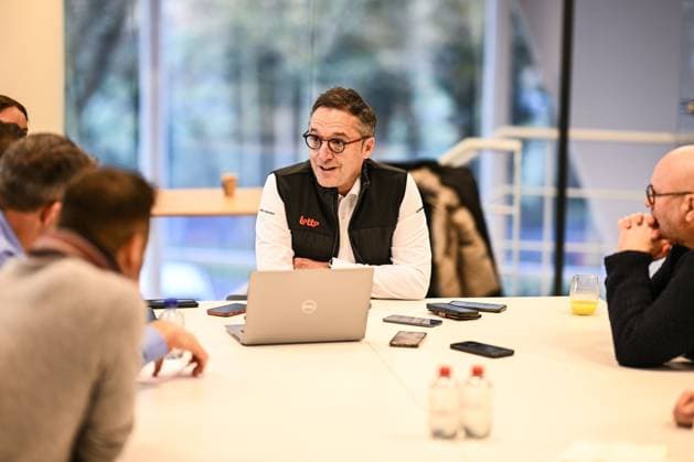Lotto Dstny CEO Stephane Heulot speaks with the press at the Lotto Cycling Team media day, in Temse, Friday 03 January 2025. TOM GOYVAERTS TomxGoyvaerts  x109553735x