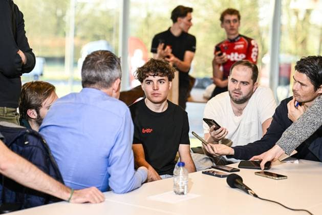 Belgian Jarno Widar of Lotto Dstny Development Team speaks with the press at the Lotto Cycling Team media day, in Temse, Friday 03 January 2025.  x109556518x