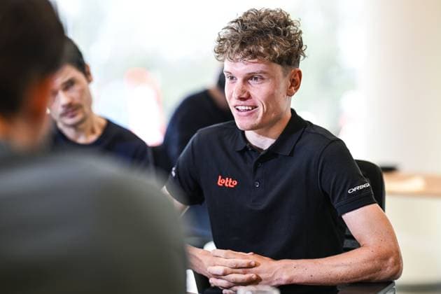 Belgian Lennert Van Eetvelt of Lotto Dstny speaks with the press at the Lotto Cycling Team media day, in Temse, Friday 03 January 2025.  x109557172x