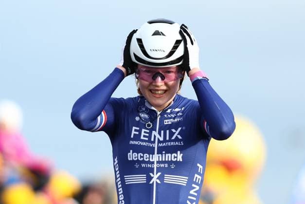 Dutch Puck Pieterse celebrates as she crosses the finish line to win the women s elite race at the World Cup cyclocross cycling event in Dendermonde, Belgium, stage 9 (out of 12) of the UCI World Cup cyclocross competition, Friday 03 January 2025. DAVIDxPINTENS  x109567033x