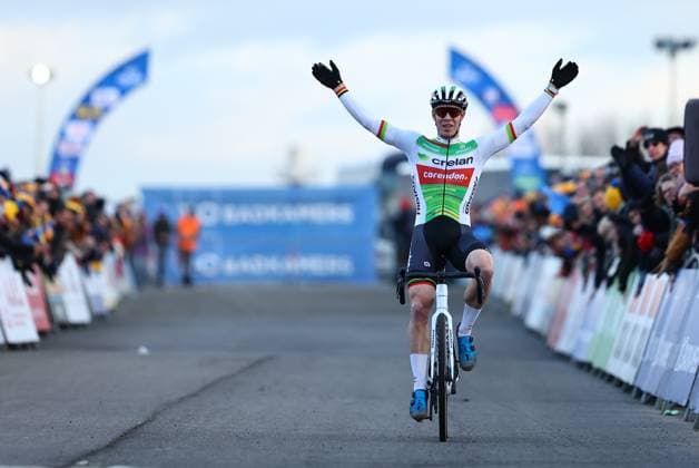 Belgian Laurens Sweeck pictured as he crosses the finish line of the men s elite race at the Vlaamse Duinencross cycling event in Koksijde, Belgium, stage 6 (out of 8) of the X2O Trofee cyclocross competition, . DAVIDxPINTENS  x109571812x