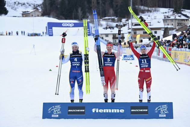 Sport Themen der Woche KW01 Sport Bilder des Tages Winner Nadine Faehndrich of Switzerland (middle)), 2nd placed Linn Svahn of Sweden (left) and 3rd placed Heidi Weng of Norway celebrating after women s cross-country skiing classic style sprint final at the FIS Tour de Ski event in Val di Fiemme, Italy, on January 3, 2025. Val di Fiemme Italy LKFTJK20250103172423CUPN  Copyright: xEmmixKorhonenx LKFTJK20250103172423CUPN