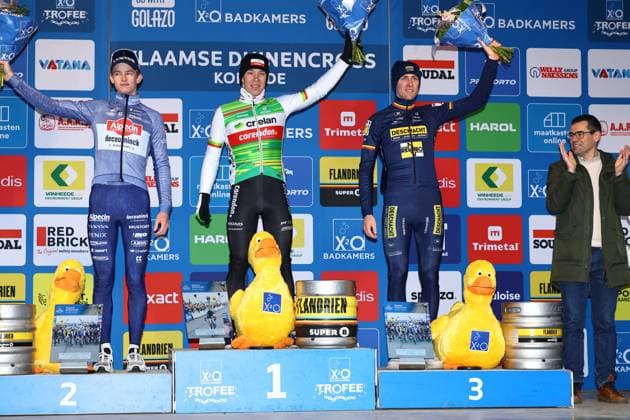 Dutch Tibor Del Grosso, Belgian Laurens Sweeck and Belgian Toon Aerts pictured on the podium after the men s elite race at the Vlaamse Duinencross cycling event in Koksijde, Belgium, stage 6 (out of 8) of the X2O Trofee cyclocross competition, . DAVIDxPINTENS  x109572443x