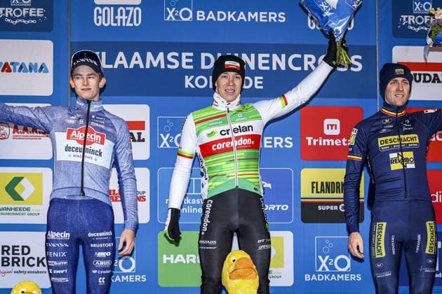 Dutch Tibor Del Grosso, Belgian Laurens Sweeck and Belgian Toon Aerts pictured on the podium after the men s elite race of the Duinencross cyclocross cycling event on Friday 03 January 2025 in Koksijde, stage 6 8 in the X2O Badkamers Trofee Veldrijden competition. DAVIDxPINTENS  x109577356x