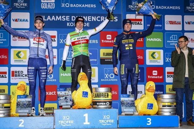 Dutch Tibor Del Grosso, Belgian Laurens Sweeck and Belgian Toon Aerts pictured on the podium after the men s elite race of the Duinencross cyclocross cycling event on Friday 03 January 2025 in Koksijde, stage 6 8 in the X2O Badkamers Trofee Veldrijden competition. DAVIDxPINTENS  x109577410x