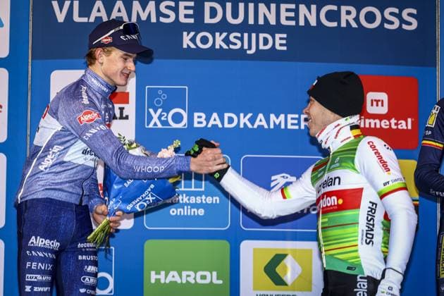 Dutch Tibor Del Grosso and Belgian Laurens Sweeck pictured on the podium after the men s elite race of the Duinencross cyclocross cycling event on Friday 03 January 2025 in Koksijde, stage 6 8 in the X2O Badkamers Trofee Veldrijden competition. DAVIDxPINTENS  x109577425x