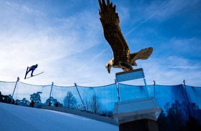 flight action with trophy golden eagle at the 73. Four Hills Tournament Ski jumping, Skispringen, Ski, nordisch on Jan 4, 2025 at Bergisel Schanze in Innsbruck, Tyrol, Austria,