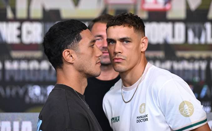 Sport Themen der Woche KW02 Sport Bilder des Tages BOXING OPETAIA NYIKA press conference, PK, Pressekonferenz Jai Opetaia of Australia and David Nyika of New Zealand face off following a press conference at The Glasshouse in Surfers Paradise on the Gold Coast, Monday, January 06, 2025. Opetaia and Nyika will fight for the IBF and Ring Magazine World Title Cruiserweight belts Wednesday. ( NO ARCHIVING, EDITORIAL USE ONLY, NO USE IN BOOKS WITHOUT CONSENT Gold Coast Queensland Australia  Copyright: xDAVExHUNTx 20250106147425665909