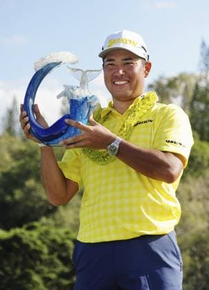 Golf: The Sentry Japan s Hideki Matsuyama poses with the trophy after winning The Sentry golf tournament at Plantation Course in Kapalua on the Hawaiian island of Maui on Jan. 5, 2025.  A14AA0003943078P
