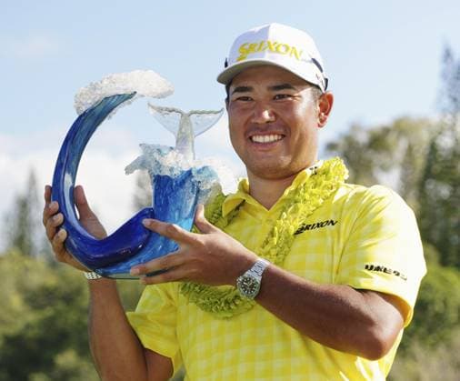 Golf: The Sentry Japan s Hideki Matsuyama poses with the trophy after winning The Sentry golf tournament at the Plantation Course in Kapalua on the Hawaiian island of Maui on Jan. 5, 2025.  A14AA0003943882P