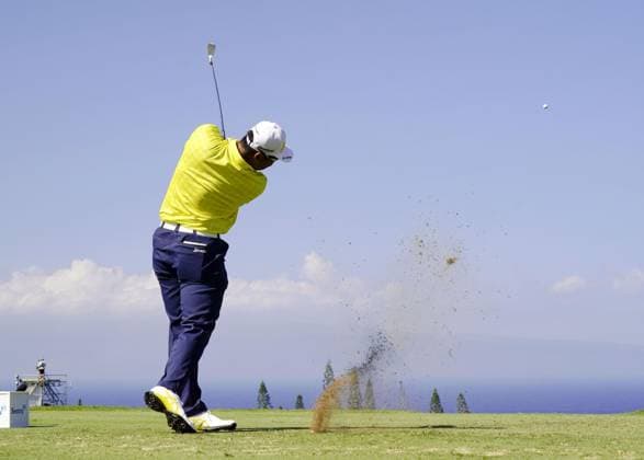 Golf: The Sentry Japan s Hideki Matsuyama plays during the final round of The Sentry golf tournament at the Plantation Course in Kapalua on the Hawaiian island of Maui on Jan. 5, 2025.  A14AA0003943884P