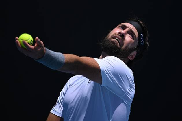TENNIS AUSTRALIAN OPEN QUALIFYING, Nikoloz Basilashvili of Georgia serves during their mens qualifying singles match between Cruz Hewitt of Australia and Nikoloz Basilashvili of Georgia for the Australian Open tennis tournament at Melbourne Park in Melbourne, Tuesday, January 7, 2025. ( NO ARCHIVING, EDITORIAL USE ONLY, NO USE IN BOOKS WITHOUT CONSENT MELBOURNE VICTORIA AUSTRALIA  Copyright: xJAMESxROSSx 20250107127788729021