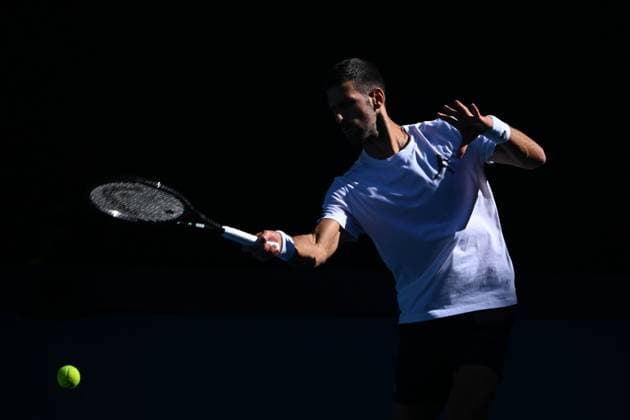 TENNIS AO CHARITY SINNER POPYRIN, Novak Djokovic of Serbia in action during a training session at the Australian Open tennis tournament at Melbourne Park in Melbourne, Tuesday, January 7, 2025. ( NO ARCHIVING, EDITORIAL USE ONLY, NO USE IN BOOKS WITHOUT CONSENT MELBOURNE VICTORIA AUSTRALIA  Copyright: xJAMESxROSSx 20250107123566129088