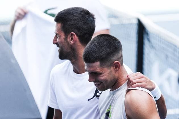 January 7, 2024: NOVAK DJOKOVIC of Serbia and CARLOS ALCARAZ of Spain at a practice session prior to the start of the 2025 Australian Open in Melbourne, Australia. Cal Media Melbourne Australia - ZUMAc04_ 20250107_faf_c04_024 Copyright: xSydneyxLowx