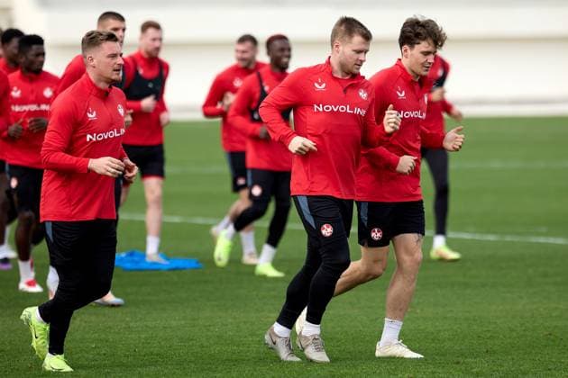 TRAINING GROUNDS, TA™ QALI, MALTA: JANUARY 7, 2025 1. FC Kaiserslautern soccer players train at the Training Grounds, Ta™ Qali, Malta on January 7, 2025. The 2. Bundesliga German team is undergoing a week winter training camp in Malta as from January 3, 2025. 1. FC Kaiserslautern winter training camp in Malta 2025. MLT_FCK_2025