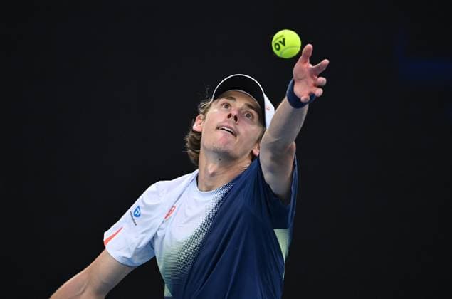 TENNIS AO CHARITY ALCARAZ MINAUR, Alex de Minaur of Australia serves during their charity match between Carlos Alcaraz of Spain and Alex de Minaur of Australia at Rod Laver Arena in Melbourne, Wednesday, January 8, 2025. ( NO ARCHIVING, EDITORIAL USE ONLY, NO USE IN BOOKS WITHOUT CONSENT MELBOURNE VICTORIA AUSTRALIA  Copyright: xJAMESxROSSx 20250108140431495324
