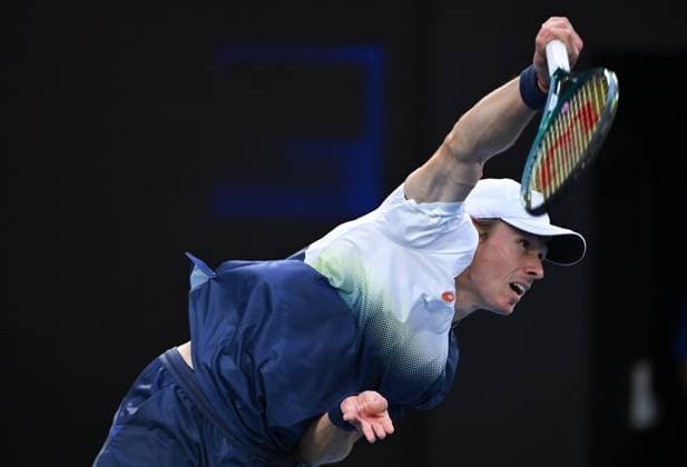 TENNIS AO CHARITY ALCARAZ MINAUR, Alex de Minaur of Australia serves during their charity match between Carlos Alcaraz of Spain and Alex de Minaur of Australia at Rod Laver Arena in Melbourne, Wednesday, January 8, 2025. ( NO ARCHIVING, EDITORIAL USE ONLY, NO USE IN BOOKS WITHOUT CONSENT MELBOURNE VICTORIA AUSTRALIA  Copyright: xJAMESxROSSx 20250108166854621868