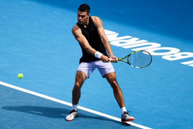 January 9, 2025: MELBOURNE, AUSTRALIA - JANUARY 09: Carlos Alcarez of Spain practices ahead of the 2025 Australian Open at Melbourne Park on January 9, 2025 in Melbourne, Australia. - ZUMAp121 20250109_zsp_p121_019 Copyright: xChrisxPutnamx