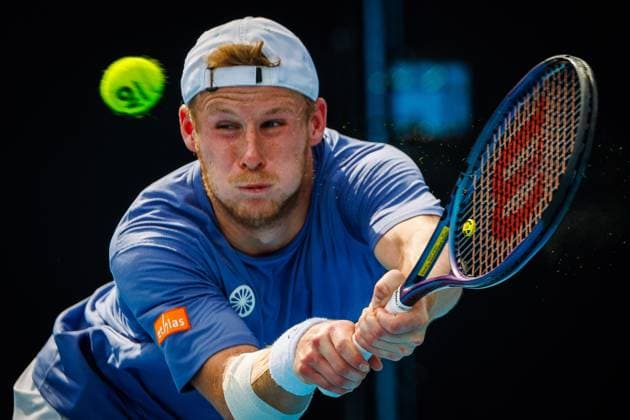 Belgian Gauthier Onclin pictured in action during a tennis match against American McDonald, in the third round of the qualifiers for the men s singles tournament, at the Australian Open Grand Slam tennis tournament, Thursday 09 January 2025 in Melbourne Park, Melbourne, Australia. The 2024 edition of the Australian Grand Slam takes place from January 14th to January 28th. PATRICKxHAMILTON  x109992997x