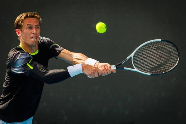 Belgian Kimmer Coppejans pictured in action during a tennis match against Monegasque Vacherot, in the third round of the qualifiers for the men s singles tournament, at the Australian Open Grand Slam tennis tournament, Thursday 09 January 2025 in Melbourne Park, Melbourne, Australia. The 2024 edition of the Australian Grand Slam takes place from January 14th to January 28th. PATRICKxHAMILTON  x109994998x