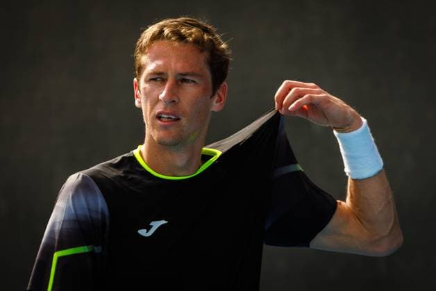 Belgian Kimmer Coppejans pictured in action during a tennis match against Monegasque Vacherot, in the third round of the qualifiers for the men s singles tournament, at the Australian Open Grand Slam tennis tournament, Thursday 09 January 2025 in Melbourne Park, Melbourne, Australia. The 2024 edition of the Australian Grand Slam takes place from January 14th to January 28th. PATRICKxHAMILTON  x109995063x