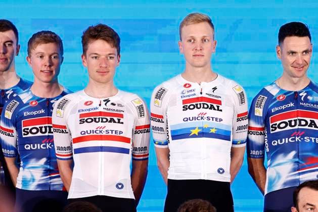 2025 Soudal Quick-Step Team Presentation CALP, SPAIN - JANUARY 09 : Hayter Ethan (GBR) and Merlier Tim (BEL) of Soudal - Quick Step pictured during the 2025 team presentation of the Soudal Quick-Step pro cycling team on January 9, 2025 in Calp, SPAIN, 09 01 2025 Calp SPAIN  Copyright: xJanxDexMeuleneirx