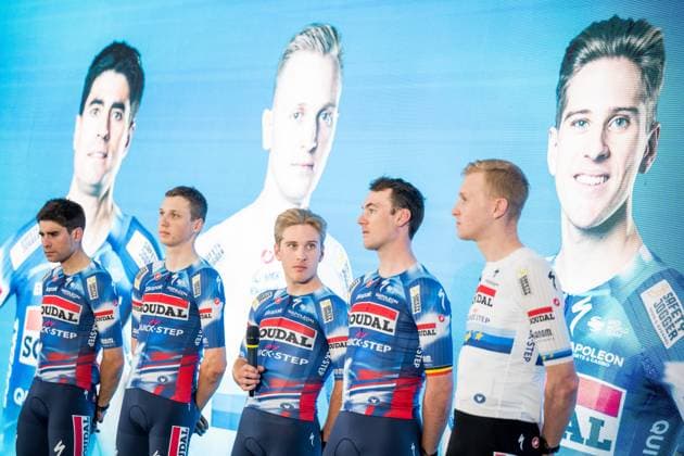 Spanish Mikel Landa of Soudal Quick-Step, Belgian Mauri Vansevenant of Soudal Quick-Step, Belgian Ilan Van Wilder of Soudal Quick-Step, Belgian Yves Lampaert of Soudal Quick-Step and Belgian Tim Merlier of Soudal Quick-Step pictured during the media day of the Soudal Quick-Step cycling team in Calpe, Spain, Thursday 09 January 2025. JASPERxJACOBS  x110010737x
