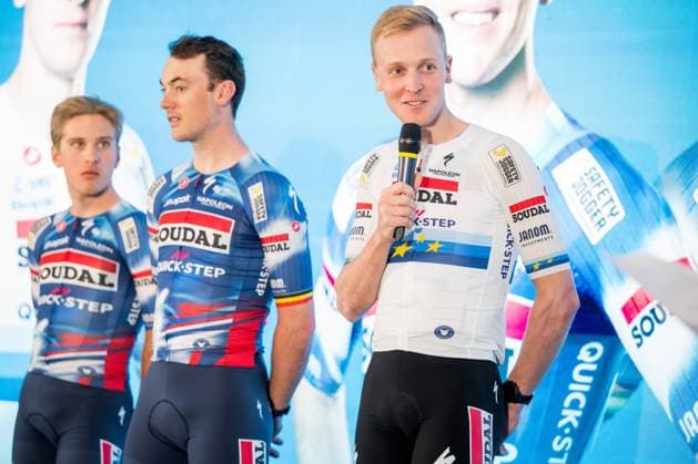 Spanish Mikel Landa of Soudal Quick-Step, Belgian Mauri Vansevenant of Soudal Quick-Step, Belgian Ilan Van Wilder of Soudal Quick-Step, Belgian Yves Lampaert of Soudal Quick-Step and Belgian Tim Merlier of Soudal Quick-Step pictured during the media day of the Soudal Quick-Step cycling team in Calpe, Spain, Thursday 09 January 2025. JASPERxJACOBS  x110010804x