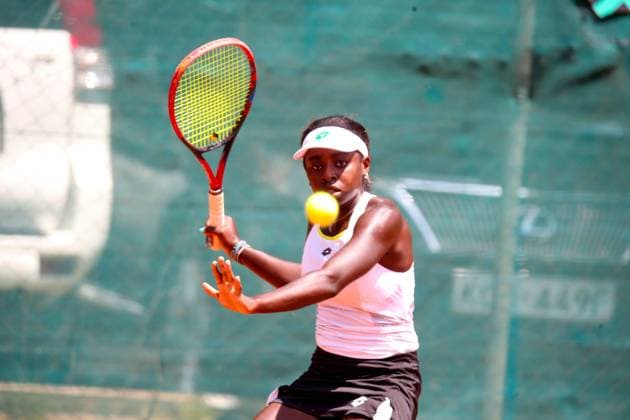 RECORD DATE NOT STATED NAIROBI, KENYA - JANUARY 8: Kenya, Angella Okutoyi plays a forehand shot to her opponent Katerina Tsygourova of switzerland during W35 International Tennis Federation (ITF) World Tennis tour championship on January 8th 2025 played at Nairobi Club, Okutoyi won 7-6,6-3.Photo CHRIS OMOLLO Copyright: xx