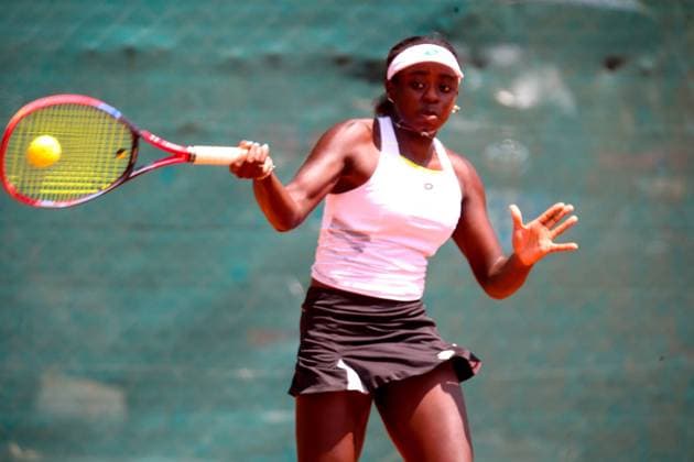 RECORD DATE NOT STATED NAIROBI, KENYA - JANUARY 8: Kenya, Angella Okutoyi plays a forehand shot to her opponet Katerina Tsygourova of switzerland during W35 International Tennis Federation (ITF) World Tennis tour championship on January 8th 2025 played at Nairobi Club, Okutoyi won 7-6,6-3.Photo CHRIS OMOLLO Copyright: xx