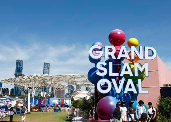 (250111) -- MELBOURNE, Jan. 11, 2025 -- People pose for photos in front of an art installation at Melbourne Park in Melbourne, Australia, Jan. 11, 2025. The main draw of the 2025 Australian Open runs from Jan. 12 to 26. ) (SP)AUSTRALIA-MELBOURNE-AUSTRALIAN OPEN MaxPing 