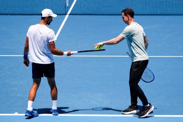 January 11, 2025: MELBOURNE, AUSTRALIA - JANUARY 11: Novak Djokovic of Serbia with coach Andy Murray of Great Britain during practice ahead of the 2025 Australian Open at Melbourne Park on January 11, 2025 in Melbourne, Australia. - ZUMAp121 20250111_zsp_p121_009 Copyright: xChrisxPutnamx