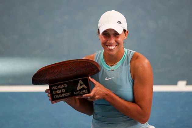 TENNIS ADELAIDE INTERNATIONAL, Madison Keys of the USA celebrates victory in the Women?s Final match against Jessica Pegula of the USA during the Adelaide International at Memorial Drive Tennis Club in Adelaide, Saturday, January 11, 2025. ( NO ARCHIVING, EDITORIAL USE ONLY, NO USE IN BOOKS WITHOUT CONSENT ADELAIDE SOUTH AUSTRALIA AUSTRALIA  Copyright: xMATTxTURNERx 20250111123708199356