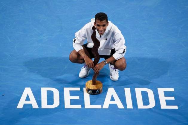 TENNIS ADELAIDE INTERNATIONAL, Felix Auger-Aliassime of Canada celebrates victory in the Men?s Final match against Sebastian Korda of the USA during the Adelaide International at Memorial Drive Tennis Club in Adelaide, Saturday, January 11, 2025. ( NO ARCHIVING, EDITORIAL USE ONLY, NO USE IN BOOKS WITHOUT CONSENT ADELAIDE SOUTH AUSTRALIA AUSTRALIA  Copyright: xMATTxTURNERx 20250111136557810960