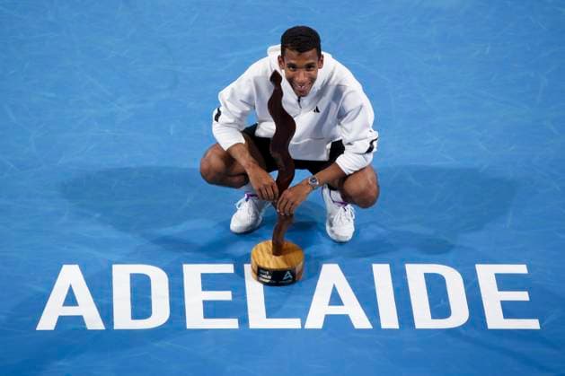 TENNIS ADELAIDE INTERNATIONAL, Felix Auger-Aliassime of Canada celebrates victory in the Men?s Final match against Sebastian Korda of the USA during the Adelaide International at Memorial Drive Tennis Club in Adelaide, Saturday, January 11, 2025. ( NO ARCHIVING, EDITORIAL USE ONLY, NO USE IN BOOKS WITHOUT CONSENT ADELAIDE SOUTH AUSTRALIA AUSTRALIA  Copyright: xMATTxTURNERx 20250111188185164502