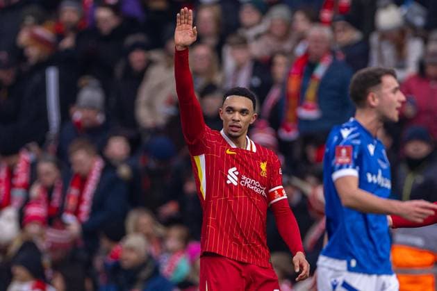 Football - FA Cup - 3rd Round - Liverpool FC v Accrington Stanley LIVERPOOL, ENGLAND - Saturday, January 11, 2025: Liverpool s Trent Alexander-Arnold celebrates after scoring the second goal during the FA Cup 3rd Round match between Liverpool FC and Accrington Stanley FC at Anfield. (Photo by David Rawcliffe Propaganda) LIVERPOOL Anfield MERSEYSIDE ENGLAND  Copyright: xPropagandaxPhotoxAgencyx P2025-01-11-Liverpool_Accrington-42