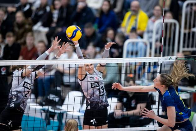 Sport Bilder des Tages 1. Volleyball Bundesliga Frauen: Schwarz-Weiss Erfurt vs. SSC Palmberg Schwerin; Erfurt; 11.01.2025 Marie Hänle ( 16; SSC Palmberg Schwerin) gegen Elizabeth Sandbothe ( 2; Schwarz-Weiss Erfurt) (links) und Lara Alyssa Darowski ( 13; Schwarz-Weiss Erfurt) (rechts) 1. Volleyball Bundesliga Frauen: Schwarz-Weiss Erfurt vs. SSC Palmberg Schwerin; Riethsporthalle Erfurt; 11.01.2025 Copyright: xBEAUTIFULxSPORTS Duehringx