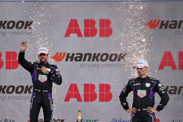 Zweiter Antonio Felix da Costa (POR) Porsche und Dritter Pascal Wehrlein (GER) Porsche bauf dem Podium, FIA Formel E Weltmeisterschaft Saison 11, Mexiko City E- Prix, 11.01.2025, Mexiko