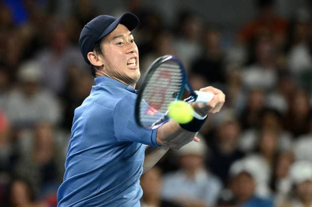 TENNIS AUSTRALIAN OPEN, Kei Nishikori of Japan returns during his round 1 match against Thiago Monteiro of Brazil during the 2025 Australian Open at Melbourne Park in Melbourne, Sunday, January 12, 2025. ( NO ARCHIVING, EDITORIAL USE ONLY, NO USE IN BOOKS WITHOUT CONSENT MELBOURNE VICTORIA AUSTRALIA  Copyright: xJOELxCARRETTx 20250112130329630997