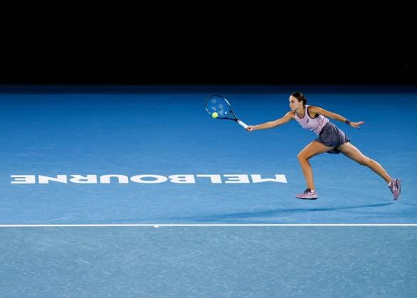 (250112) -- MELBOURNE, Jan. 12, 2025 -- Anca Todoni hits a return during the women s singles 1st round match between Zheng Qinwen of China and Anca Todoni of Romania at 2025 Australian Open tennis tournament in Melbourne, Australia, Jan. 12, 2025. ) (SP)AUSTRALIA-MELBOURNE-TENNIS-AUSTRALIAN OPEN-DAY 1 MaxPing 