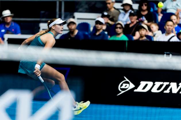 MELBOURNE, VIC - JANUARY 12: Mirra Andreeva of Russia in action during Round 1 of the 2025 Australian Open on January 12 2025, at Melbourne Park in Melbourne, Australia. (Photo by Jason Heidrich Icon Sportswire) TENNIS: JAN 12 Australian Open EDITORIAL USE ONLY Icon250112025