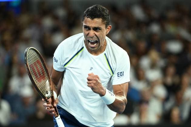 TENNIS AUSTRALIAN OPEN, Thiago Monteiro of Brazil reacts during his round 1 match against Kei Nishikori of Japan during the 2025 Australian Open at Melbourne Park in Melbourne, Sunday, January 12, 2025. ( NO ARCHIVING, EDITORIAL USE ONLY, NO USE IN BOOKS WITHOUT CONSENT MELBOURNE VICTORIA AUSTRALIA  Copyright: xJOELxCARRETTx 20250112138534479393