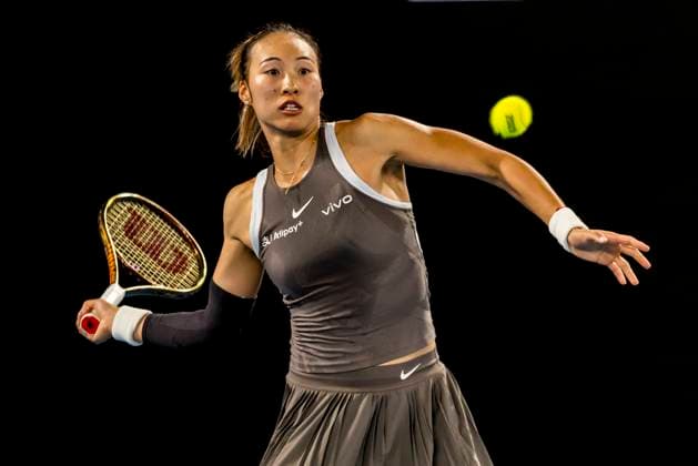 MELBOURNE, VIC - JANUARY 12: Qinwen Zheng of China in action during Round 1 of the 2025 Australian Open on January 12 2025, at Melbourne Park in Melbourne, Australia. (Photo by Jason Heidrich Icon Sportswire) TENNIS: JAN 12 Australian Open EDITORIAL USE ONLY Icon250112050