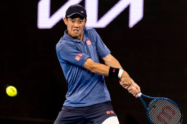 MELBOURNE, VIC - JANUARY 12: Kei Nishikori of Japan in action during Round 1 of the 2025 Australian Open on January 12 2025, at Melbourne Park in Melbourne, Australia. (Photo by Jason Heidrich Icon Sportswire) TENNIS: JAN 12 Australian Open EDITORIAL USE ONLY Icon250112095