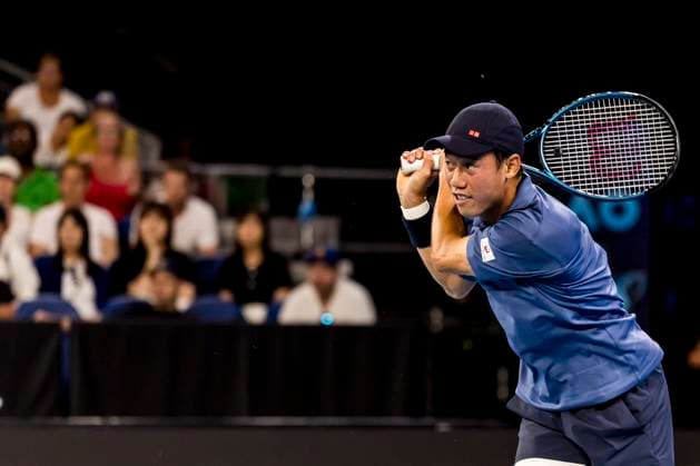 MELBOURNE, VIC - JANUARY 12: Kei Nishikori of Japan celebrates during Round 1 of the 2025 Australian Open on January 12 2025, at Melbourne Park in Melbourne, Australia. (Photo by Jason Heidrich Icon Sportswire) TENNIS: JAN 12 Australian Open EDITORIAL USE ONLY Icon250112099
